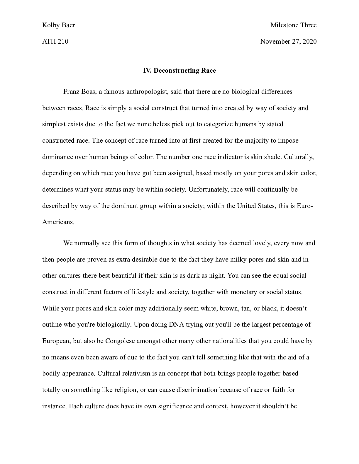 Preview image for ATH210 MilestoneThree.docx    IV. Deconstructing Race  Franz Boas, a famous anthropologist